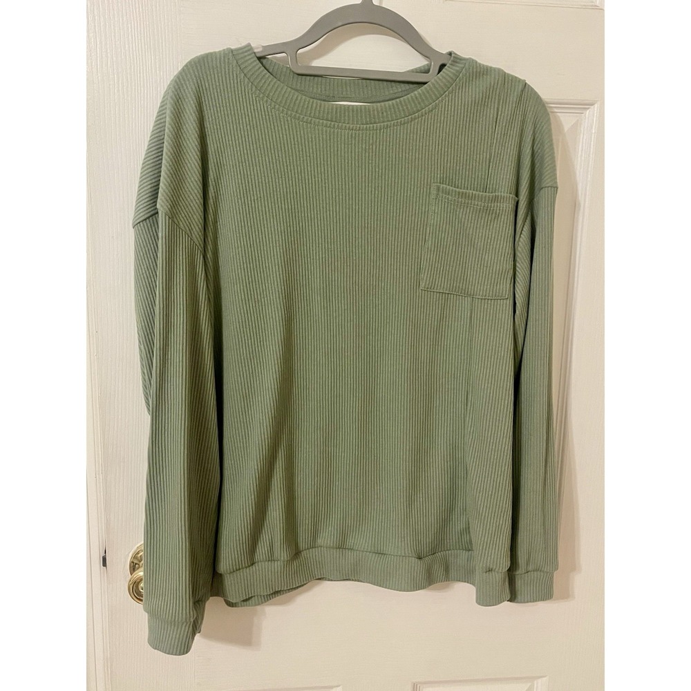 Kirundo Ribbed Knit Lounge Set Top Pants Green Wide Leg Drawstring Casual L